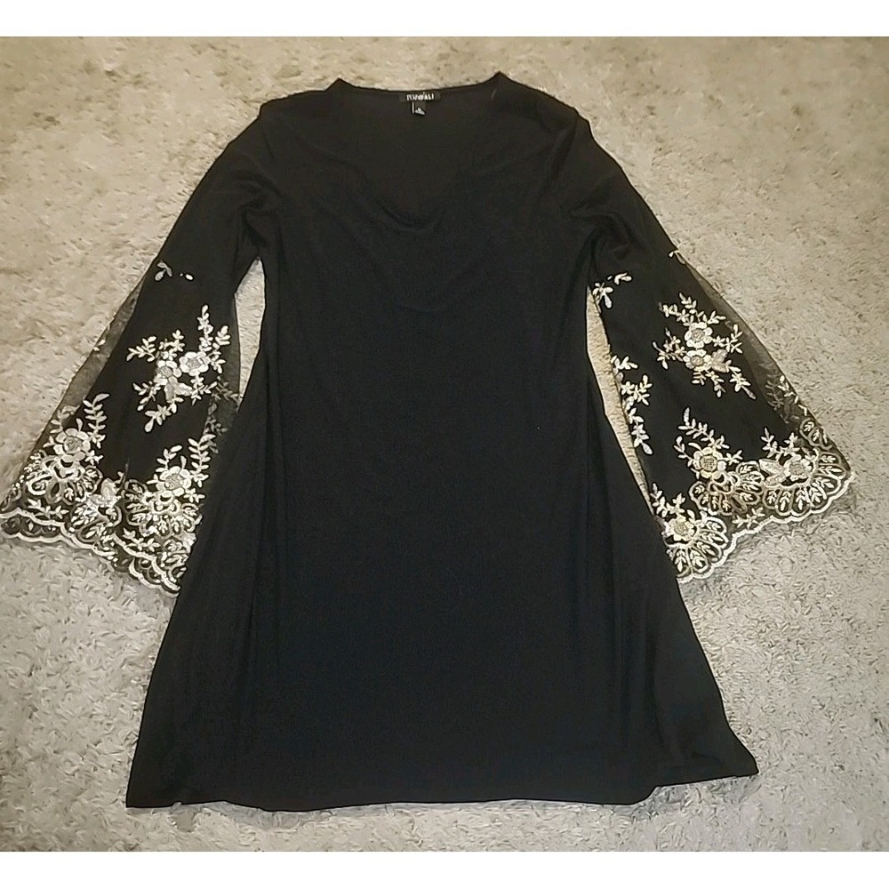 Roz & Ali Midi Cocktail Dress Womens Medium Floral Bell Sleeve Stretch